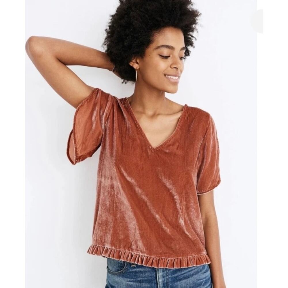 Madewell Velvet Tuliip-Sleeve Ruffle Orange Coral Size Small - Picture 11 of 11